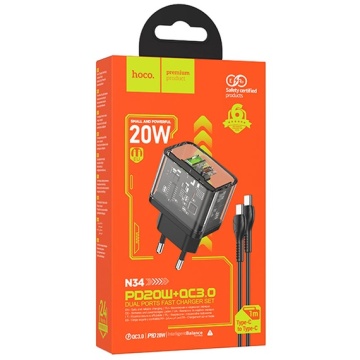 Incarcator Retea, Hoco N34, 20W, 1xUSB-C, 1xUSB-A, PD, QC 3.0, transparent-negru - Img 5