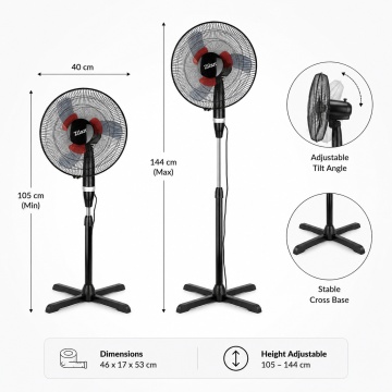 Ventilator cu picior Zilan ZLN2331, 60W, 3 trepte viteza, palete duble, negru - Img 7