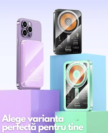 Baterie externa Hoco Q14, 5000mAh, wireless, USB-C PD 20W, magnet, display LED, Negru - Img 4