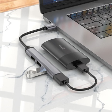 Hub Adaptor Multiport USB-A la USB-A, Hoco HB26 OTG 3.0 + 3x USB-A 2.0, gri - Img 3
