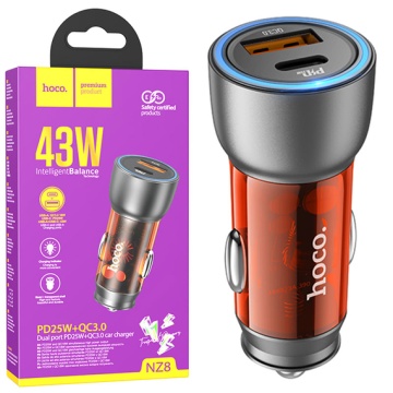 Incarcator Auto Hoco NZ8, 25W, 1xUSB-C, 1xUSB-A, PD, QC 3.0, orange - Img 1