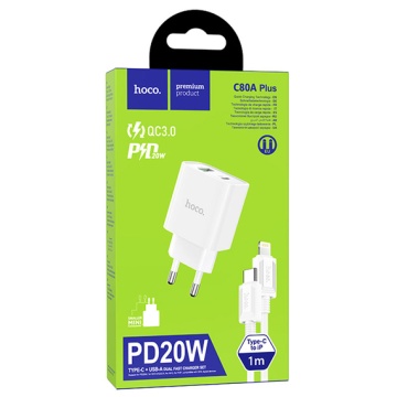Incarcator Retea + Cablu Lightning, Hoco C80A Plus, 20W, 5V, 3.1A, 1xUSB-C, 1xUSB-A, PD, QC 3.0, alb - Img 4