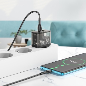 Incarcator Retea + Cablu USB-C, Hoco N34,20W, 1xUSB-C, 1xUSB-A, PD, QC 3.0, transparent-negru - Img 4