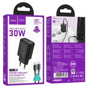 Incarcator Retea + Cablu USB-C Hoco N62, 1m, PD30W, 1xUSB-C, 1xUSB-A, negru - Img 4