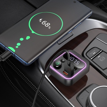 Modulator FM/Incarcator Auto, Hoco E85, PD38W, 1xUSB-C, 2xUSB-A, LED Ambinet, negru - Img 4