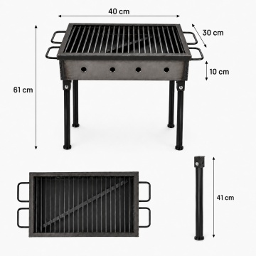 Gratar gradina profesional Pexor S 30 X 40 CM metal gros 3 MM, pentru carbune si lemne, sita inox, picioare 40 cm, gri - Img 7