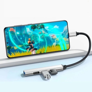 Hub Adaptor Multiport USB-C la USB-A, Hoco HB26 OTG 3.0 + 3x USB-A 2.0, gri - Img 3