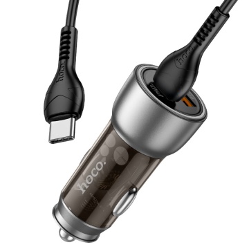 Incarcator Auto + Cablu Lightning, Hoco NZ8, 45W, 1xUSB-C, 1xUSB-A, PD, QC 3.0, Clear, maro - Img 2