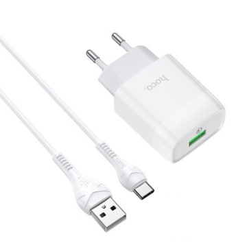 Incarcator Retea + Cablu Lightning, Hoco C73A, 18W, 2.4A, 2xUSB-A, QC 3.0, alb - Img 1