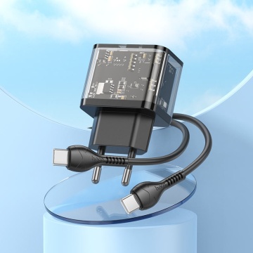 Incarcator Retea + Cablu USB-C, Hoco N34,20W, 1xUSB-C, 1xUSB-A, PD, QC 3.0, transparent-negru - Img 5
