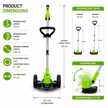 Motocoasa electrica cu roti 2 acumulatori 48V, fara fir, 18000 RPM, Autonomie Mare, 3 Tipuri de Lame de Taiere, Brat ajustabil, Pexor verde - Img 7