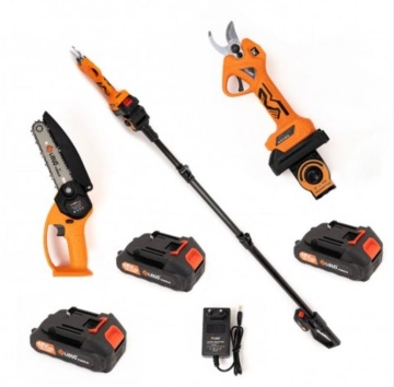 Set foarfeca electrica Pexor doolong, mini drujba, brat telescopic 2m, 2 acumulatori 36V, unghi reglabil, negru-portocaliu - Img 1