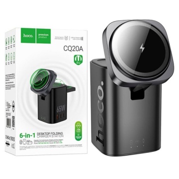Statie Incarcare Wireless Hoco CQ20A, 2x USB-C, USB, 65W, Qi Charging, Stand, 6in1, negru - Img 2