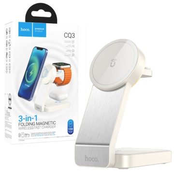Statie Incarcare Wireless, Hoco CQ3, MagSafe, 15W, Qi Charging, Stand, 3 in 1, alb - Img 6