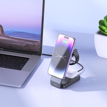 Statie Incarcare Wireless, Hoco CQ3, MagSafe, 15W, Qi Charging, Stand, 3 in 1, negru - Img 4