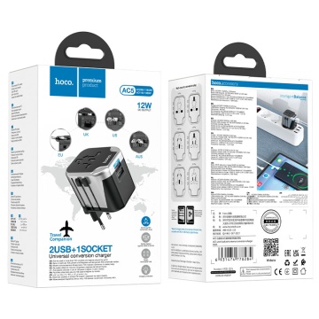 Convertor priza 2xUSB-A, Hoco AC5, adaptor universal EU/UK/US/AUS, incarcare rapida, compact, alb - Img 6