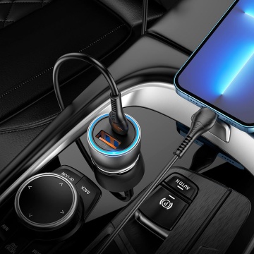 Incarcator Auto + Cablu Lightning, Hoco NZ8, 45W, 1xUSB-C, 1xUSB-A, PD, QC 3.0, Clear, maro - Img 3