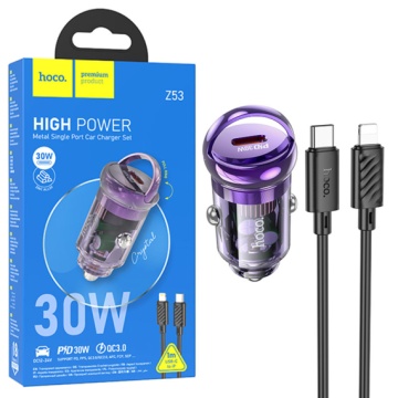 Incarcator Auto + Cablu Lightning, Hoco Z53, 30W, 1xUSB-C, PD, Ring-Pull, violet - Img 6