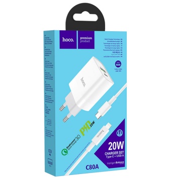 Incarcator Retea + Cablu Lightning, Hoco C80A, 20W, 5V, 3.1A, 1xUSB-C, 1xUSB-A, PD, QC 3.0, alb - Img 5