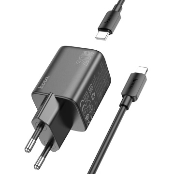 Incarcator Retea + Cablu Lightning, Hoco N41, 20W, 1xUSB-C, 1xUSB-A, PD, QC 3.0, negru - Img 1