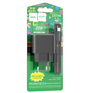 Incarcator Retea + Cablu USB-C, Hoco CS14A, 20W, 1xUSB-C, 1xUSB-A, PD, QC 3.0, negru - Img 6