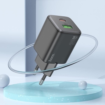 Incarcator Retea + Cablu USB-C Hoco N41, 20W, 1xUSB-C, 1xUSB-A, PD, QC 3.0, negru - Img 4