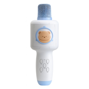 Microfon karaoke portabil pentru copii, 2 in 1 cu boxa integrata, lumini colorate RGB, efect de ecou si acumulator reincarcabil, alb cu nuante de albastru