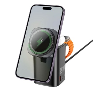 Statie Incarcare Wireless Hoco CQ20A, 2x USB-C, USB, 65W, Qi Charging, Stand, 6in1, negru - Img 3