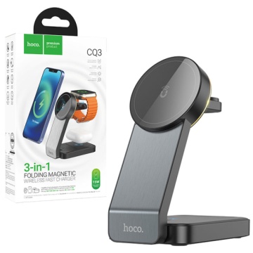 Statie Incarcare Wireless, Hoco CQ3, MagSafe, 15W, Qi Charging, Stand, 3 in 1, negru - Img 5