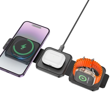 Statie Incarcare Wireless, Hoco CQ4, MagSafe, 15W, Qi Charging, Folding, 3 in 1, negru - Img 5
