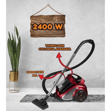 Aspirator fara sac Hausberg HB-2820RS, 2400W, sistem multiciclon, filtru lavabil, recipient 4.5L, cablu 5m, rosu/negru - Img 2
