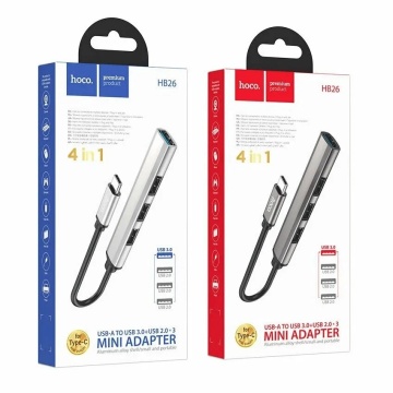 Hub Adaptor Multiport USB-C la USB-A, Hoco HB26 OTG 3.0 + 3x USB-A 2.0, gri - Img 6