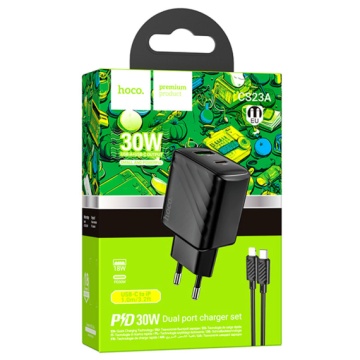 Incarcator Retea + Cablu Lightning, Hoco CS23A, 1m, PD30W, 5V, 3A, 1xUSB-C, 1xUSB-A, negru - Img 4