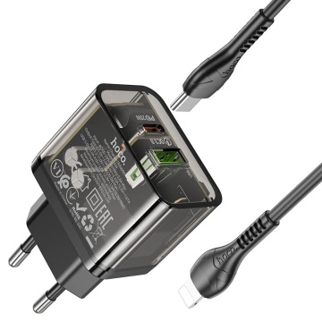 Incarcator Retea + Cablu Lightning, Hoco N34, 20W, 1xUSB-C, 1xUSB-A, PD, QC 3.0, transparent-negru - Img 3