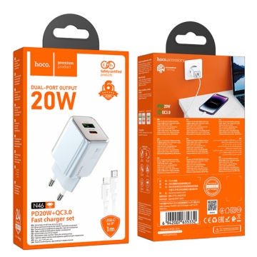 Incarcator Retea + Cablu Lightning, Hoco N46, 1m, PD20W, 1xUSB-C, 1xUSB-A, albastru - Img 3