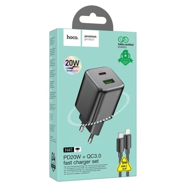 Incarcator Retea + Cablu USB-C Hoco N41, 20W, 1xUSB-C, 1xUSB-A, PD, QC 3.0, negru - Img 5