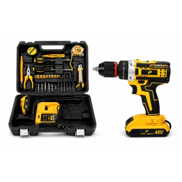 Masina de Gaurit si Insurubat cu Percutie, Motor Fara Perii, 2 Acumulatori 48V 1500 mAh Li-Ion Inclusi, 23+1 Trepte Torsiune, 45 Nm, 2 Trepte 500/1500 RPM, Mandrina 6D Metalica 10mm, 30 Accesorii, Pexor negru-galben
