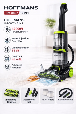 Aspirator Vertical 3-in-1 cu Spalare, Hoffmans HM8807, 1200W Rezervoare 4L+4L Silentios, Negru Verde - Img 6