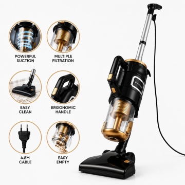 Aspirator vertical cu fir multifunctional 3 in 1 Hoffmans HM-8803 Putere 1800W, Filtrare multipla, Cablu 4.8m, Negru/Gold - Img 4