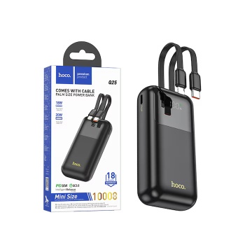 Baterie externa Hoco Q25, 10000mAh, cabluri Type-C si Lightning, incarcare rapida 20W, ecran LED, negru