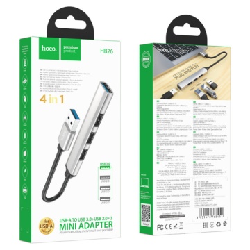Hub Adaptor Multiport USB-A la USB-A, Hoco HB26 OTG 3.0 + 3x USB-A 2.0, gri - Img 5