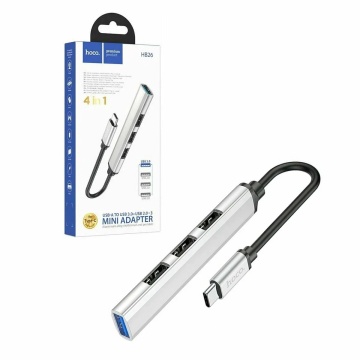 Hub Adaptor Multiport USB-C la USB-A, Hoco HB26 OTG 3.0 + 3x USB-A 2.0, argintiu - Img 2