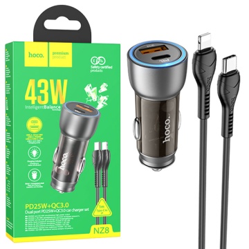Incarcator Auto + Cablu Lightning, Hoco NZ8, 45W, 1xUSB-C, 1xUSB-A, PD, QC 3.0, Clear, maro - Img 5