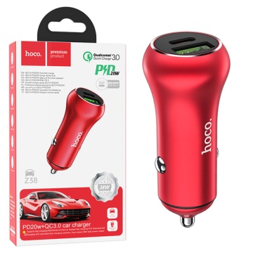 Incarcator Auto Hoco Z38, 20W, 1xUSB-C, 1xUSB-A, PD, QC 3.0, rosu - Img 2
