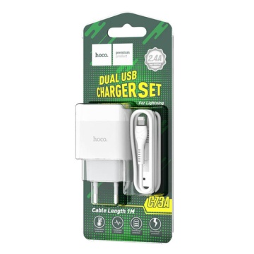 Incarcator Retea + Cablu Lightning, Hoco C73A, 18W, 2.4A, 2xUSB-A, QC 3.0, alb - Img 4