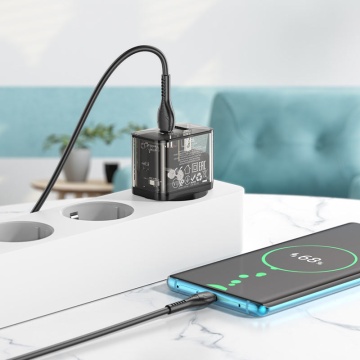 Incarcator Retea + Cablu Lightning, Hoco N34, 20W, 1xUSB-C, 1xUSB-A, PD, QC 3.0, transparent-negru - Img 4
