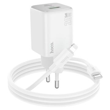 Incarcator Retea + Cablu Lightning, Hoco N41, 20W, 1xUSB-C, 1xUSB-A, PD, QC 3.0, alb - Img 1