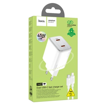 Incarcator Retea + Cablu Lightning, Hoco N42, 45W, 2xUSB-A, alb - Img 4