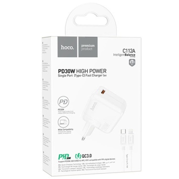 Incarcator Retea + Cablu USB-C, Hoco C112A, 30W, 1xUSB-C, PD, alb - Img 4