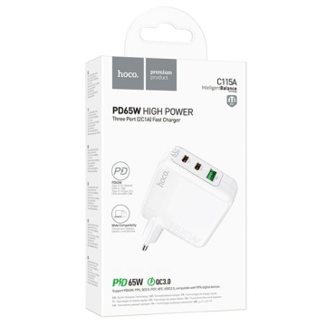 Incarcator Retea Hoco C115A, 65W, 2xUSB-C, 1xUSB-A, PD, QC 3.0, alb - Img 6